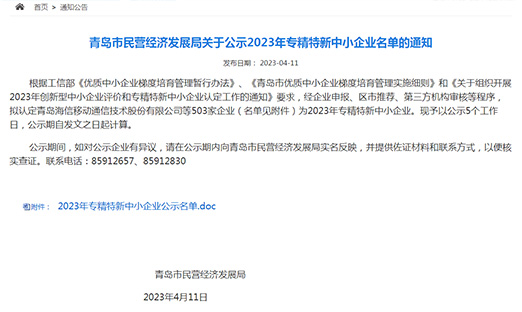 山东易彩堂集团入围青岛市2023专精特新中小企业名单